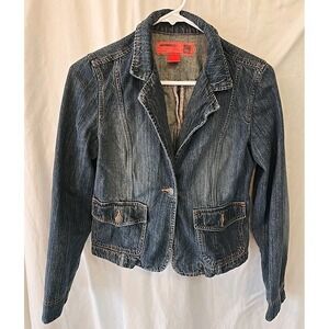 Vintage Mossimo Distressed Denim Jean Jacket " Mossissue" Women's Size M (Fits S